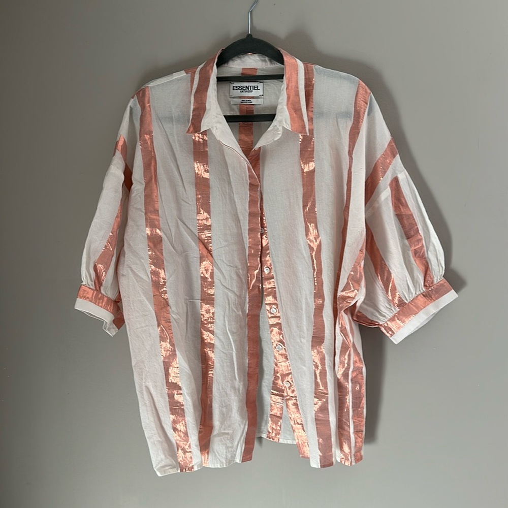 Essentiel Antwerp blouse NWOT white pink stripe blouse button down metallic 6